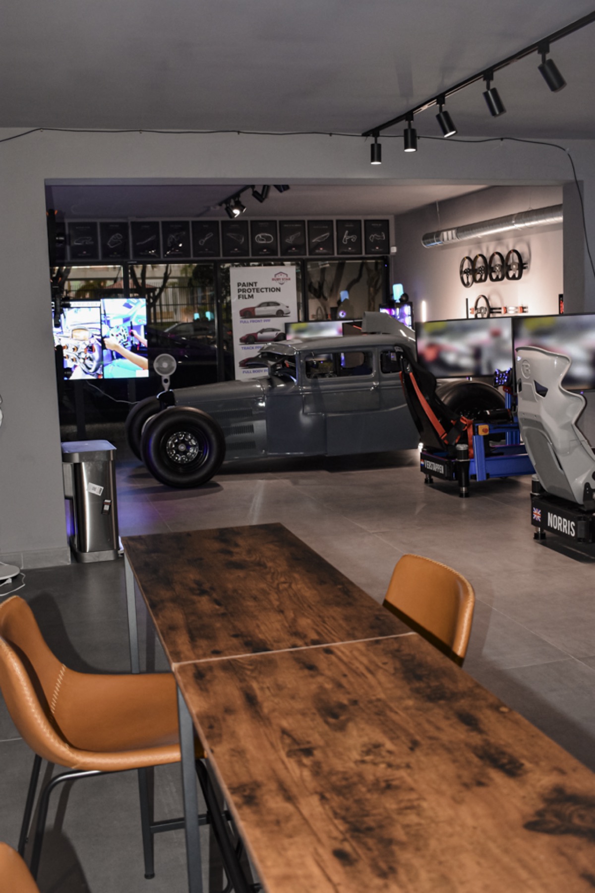 Close-up of professional racing simulator equipment