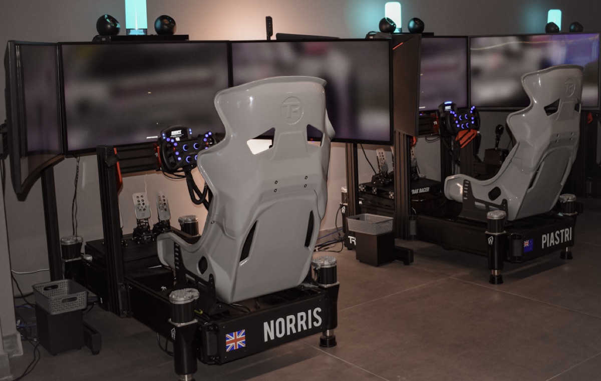 Close-up of professional racing simulator equipment