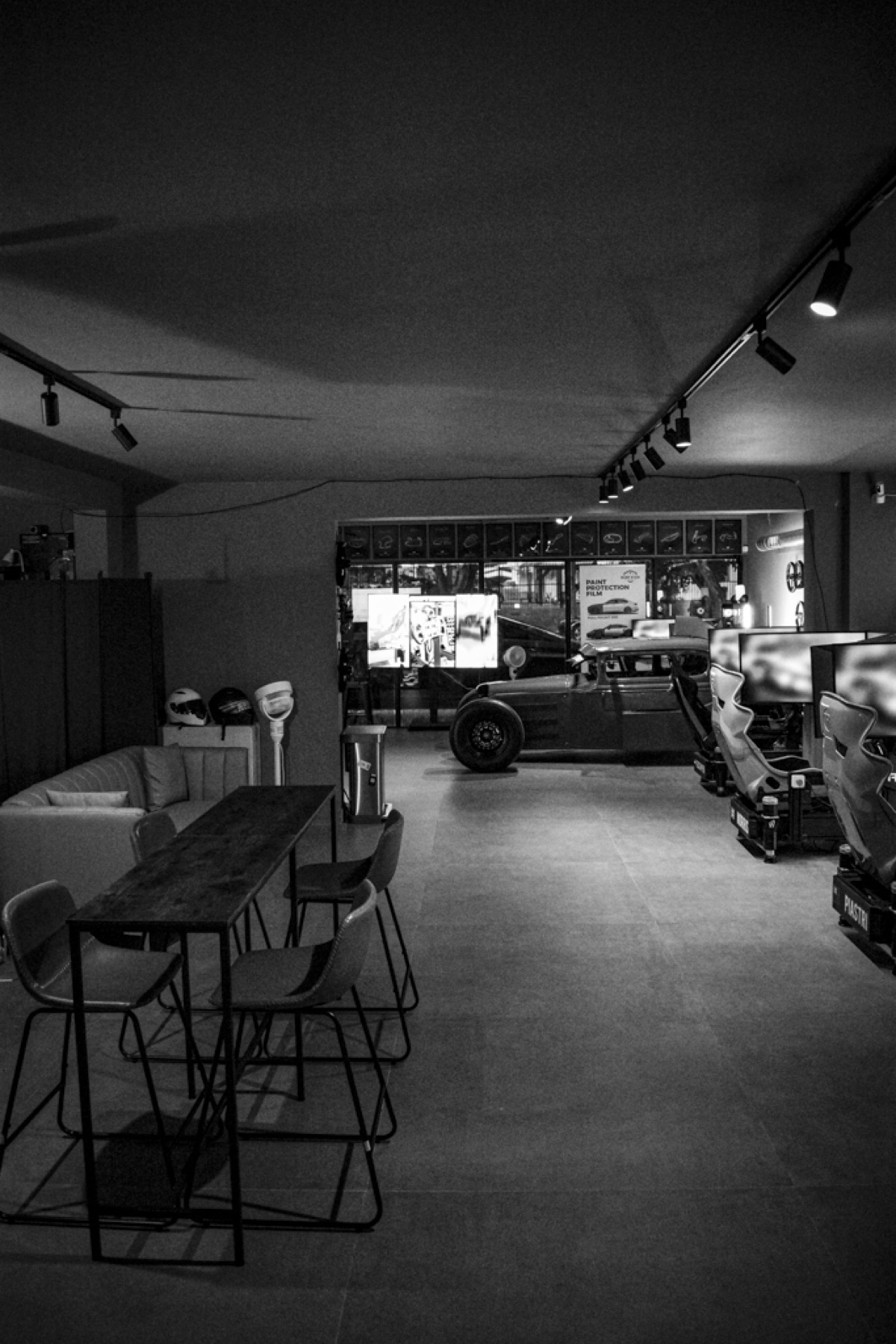 Close-up of professional racing simulator equipment