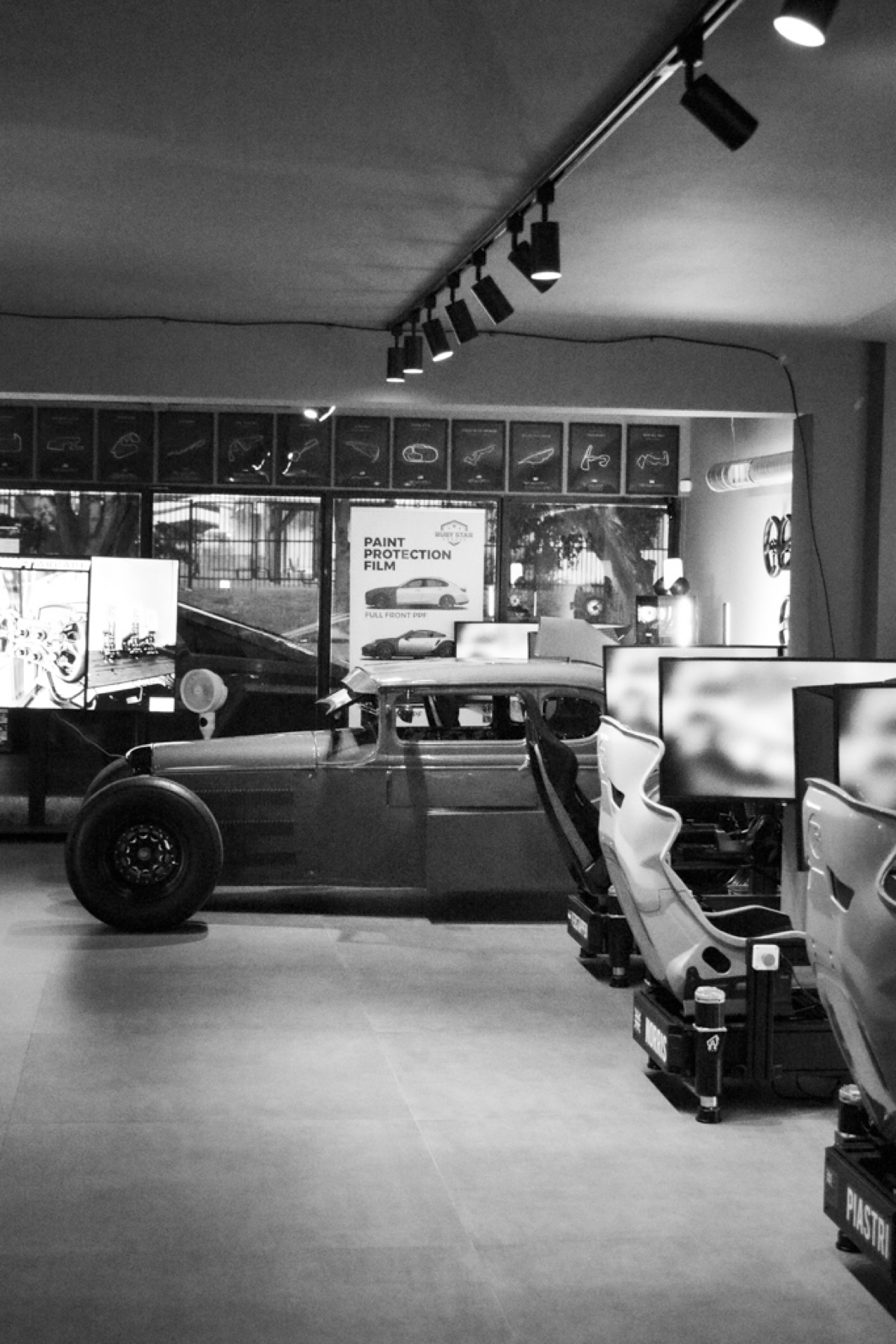 Close-up of professional racing simulator equipment