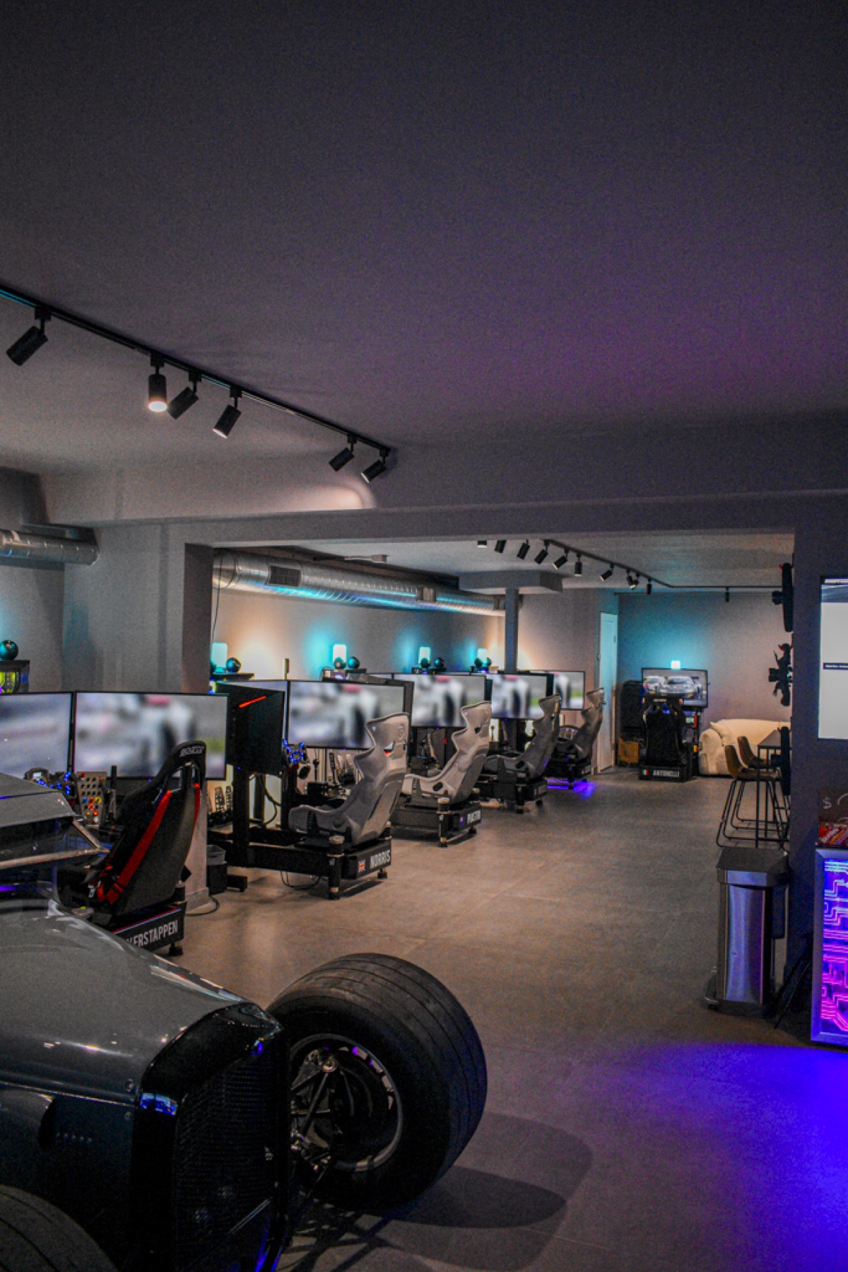 Close-up of professional racing simulator equipment