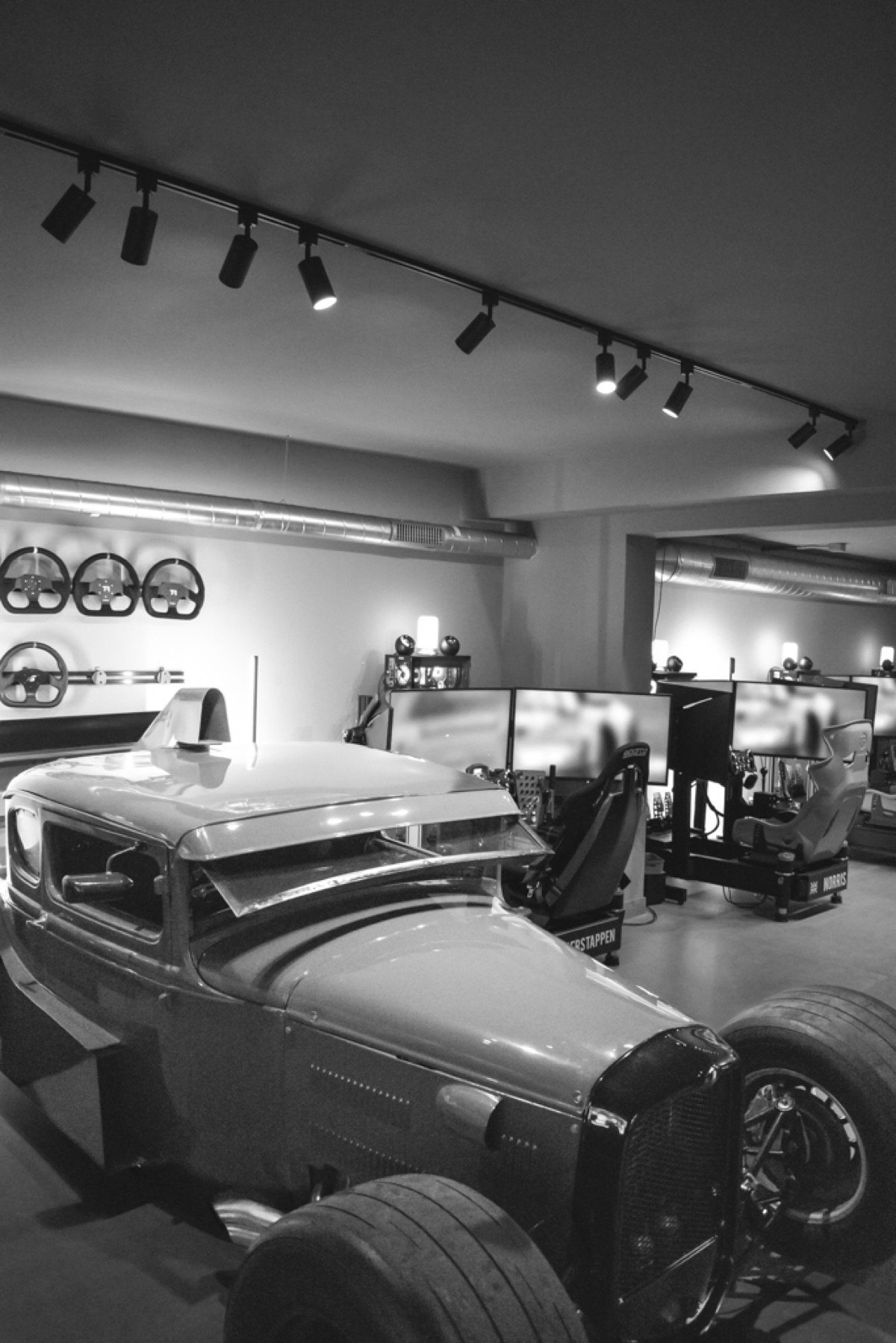 Close-up of professional racing simulator equipment