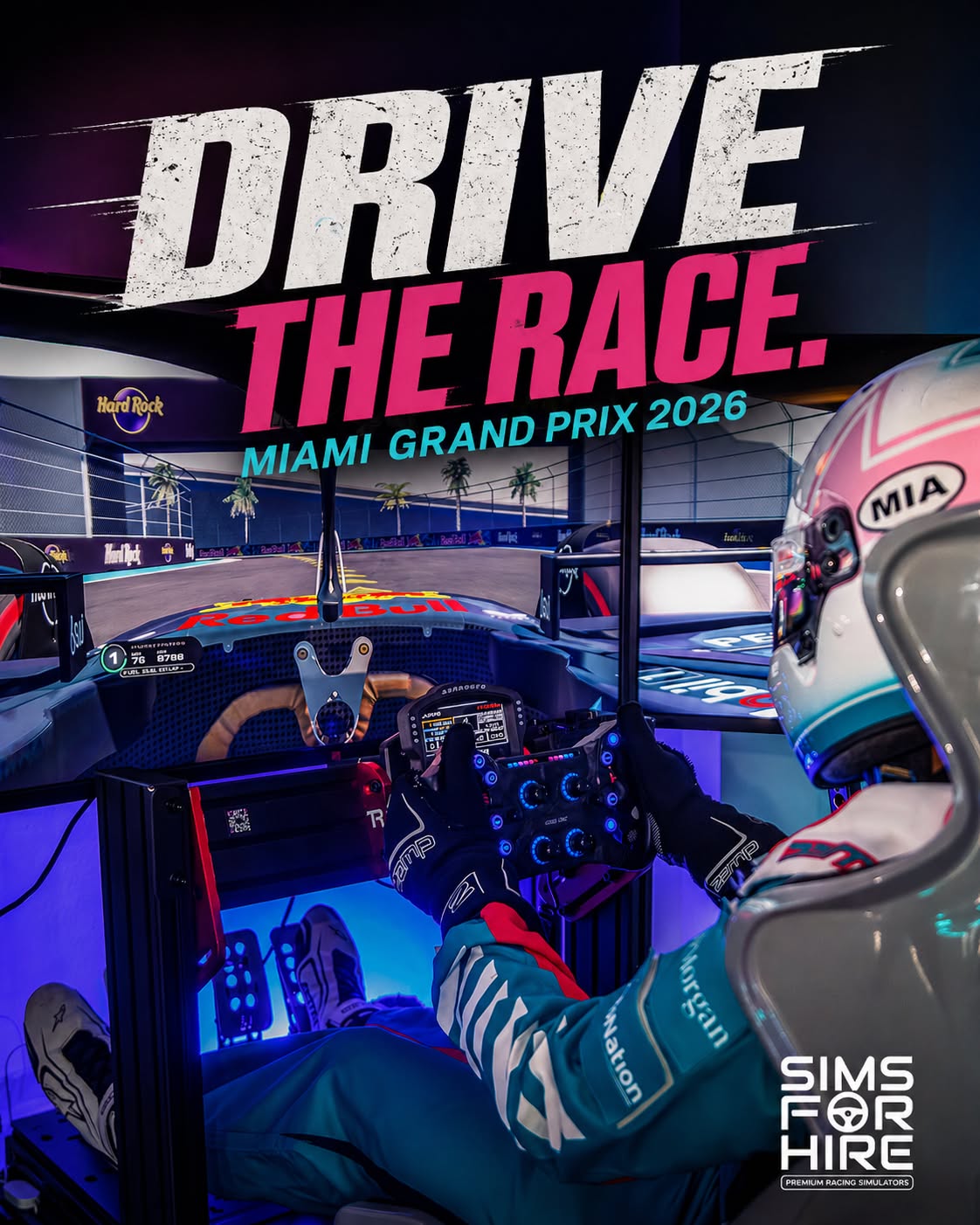 SimsForHire full-motion racing simulator activation at Hard Rock for the Miami Grand Prix